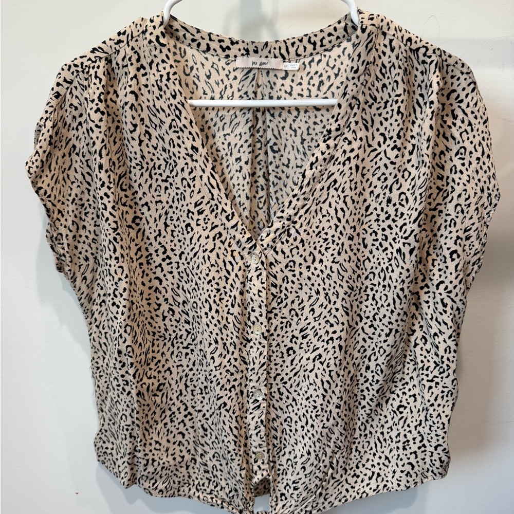 miami Beige and Black Animal Print V-Neck Button Blouse